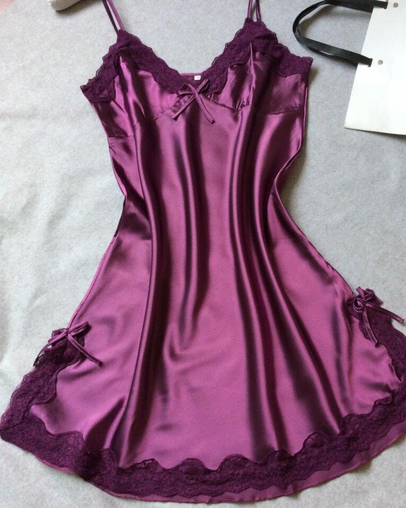 

Lace Trim Satin Sleepwear Cami Dress, Purple