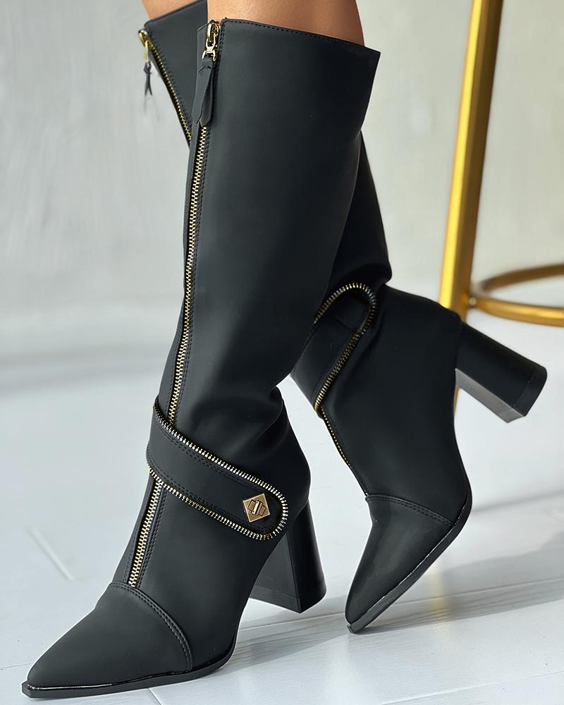 

Zipper Design Chunky Heel Calf Boots, Black