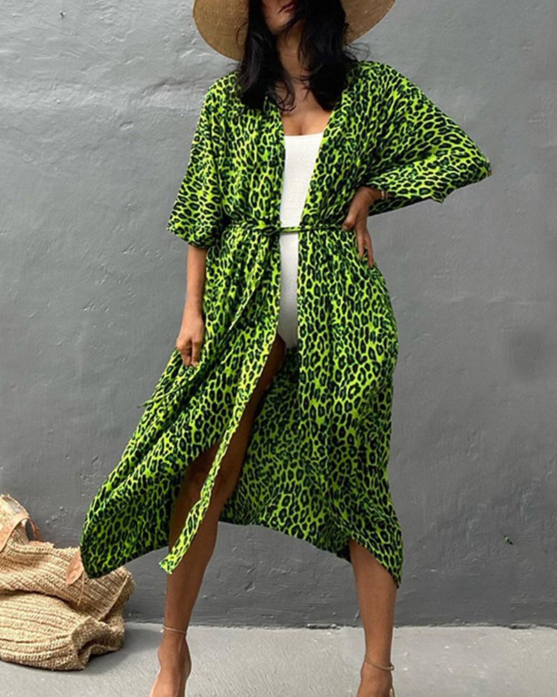 

Cheetah Print Batwing Sleeve Cover up, Green