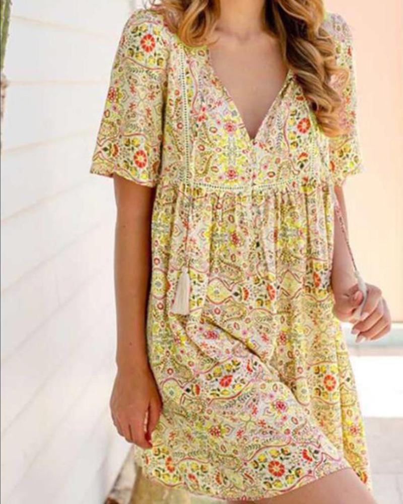 

Boho Style All Over Print Short Sleeve Mini Dress, Yellow