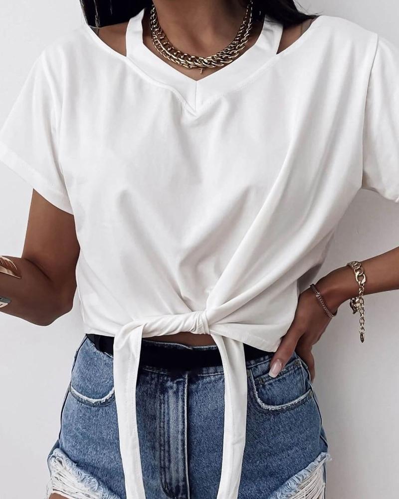 

Plain Cutout Tied Detail Casual T-Shirt, White