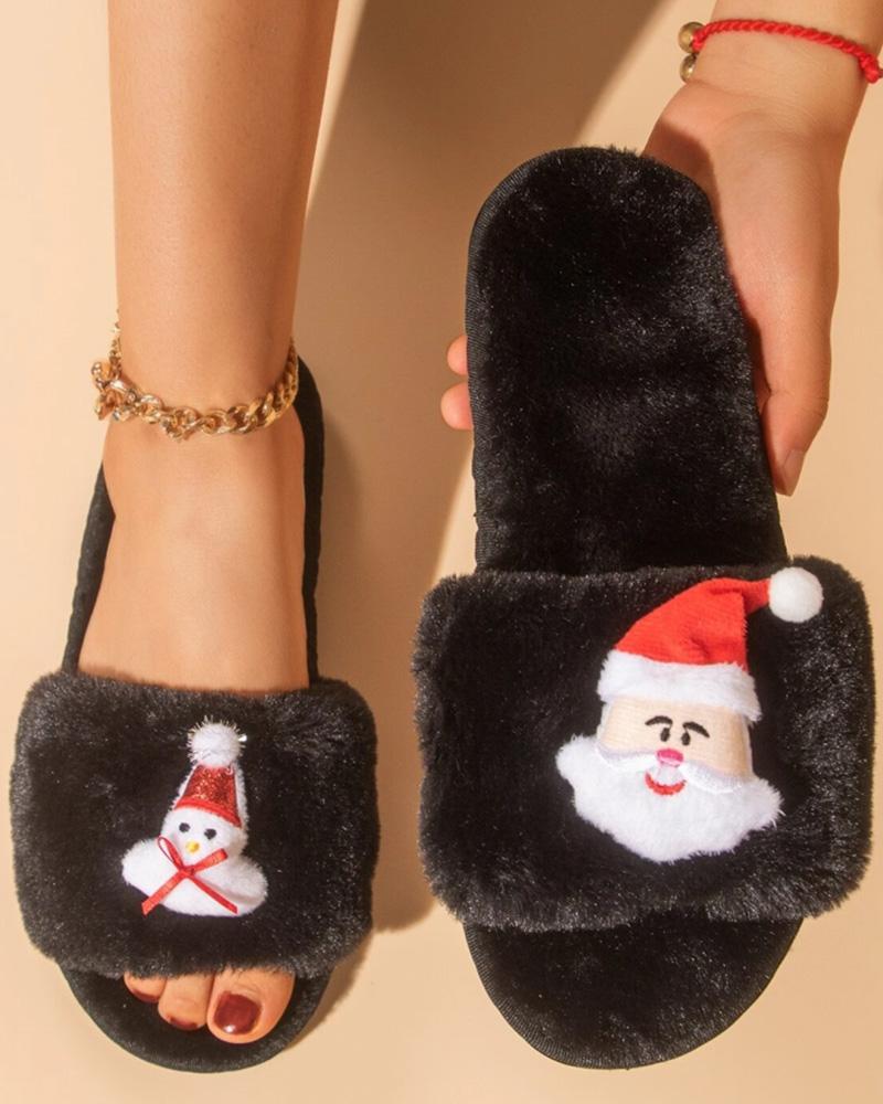 

Christmas Santa Snowman Pattern Fluffy Slippers, Black