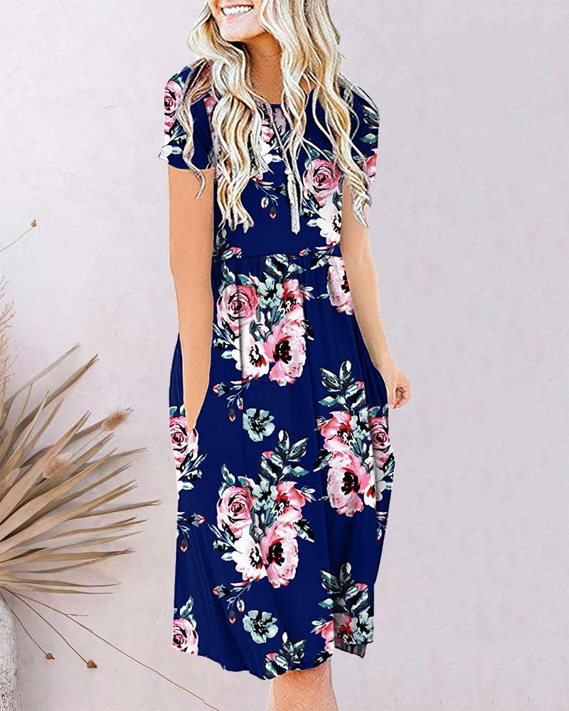 

Plus Size Floral Print Pocket Detail Casual Dress, Blue