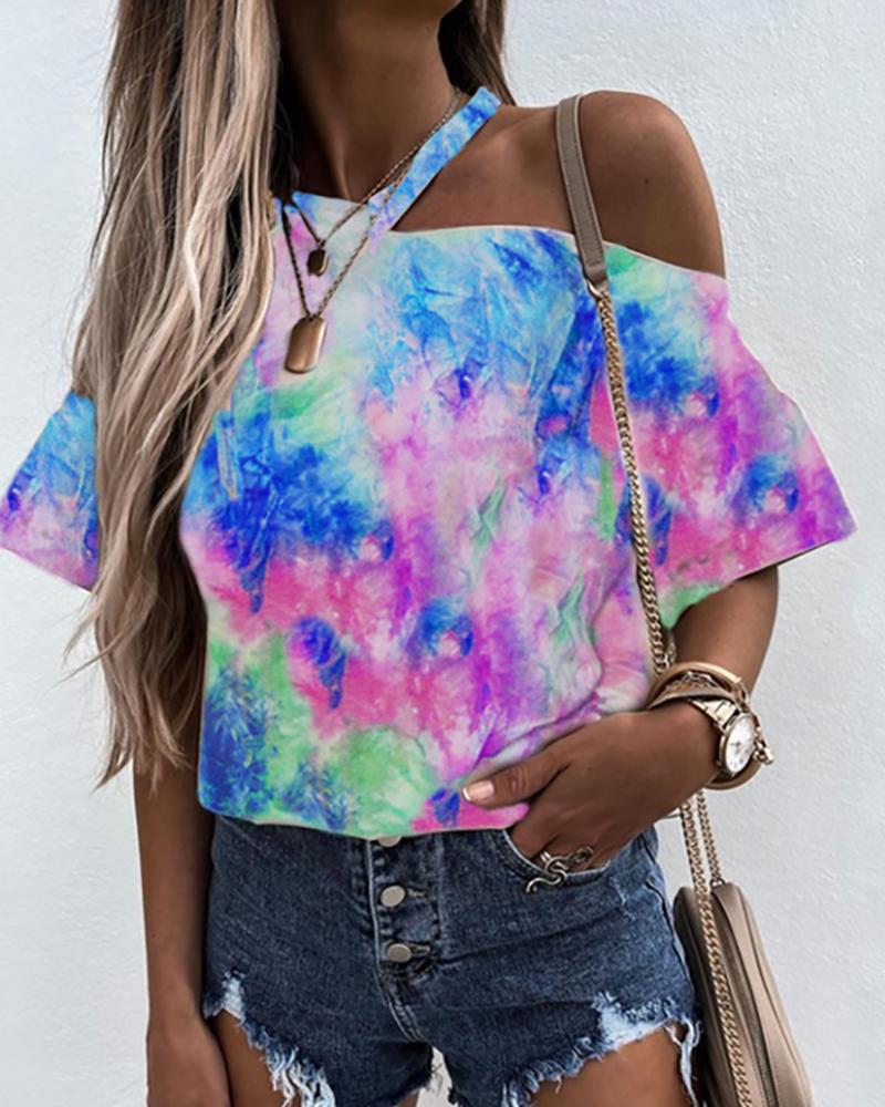 

Tie Dye Print Cold Shoulder Short Sleeve Top, Light blue