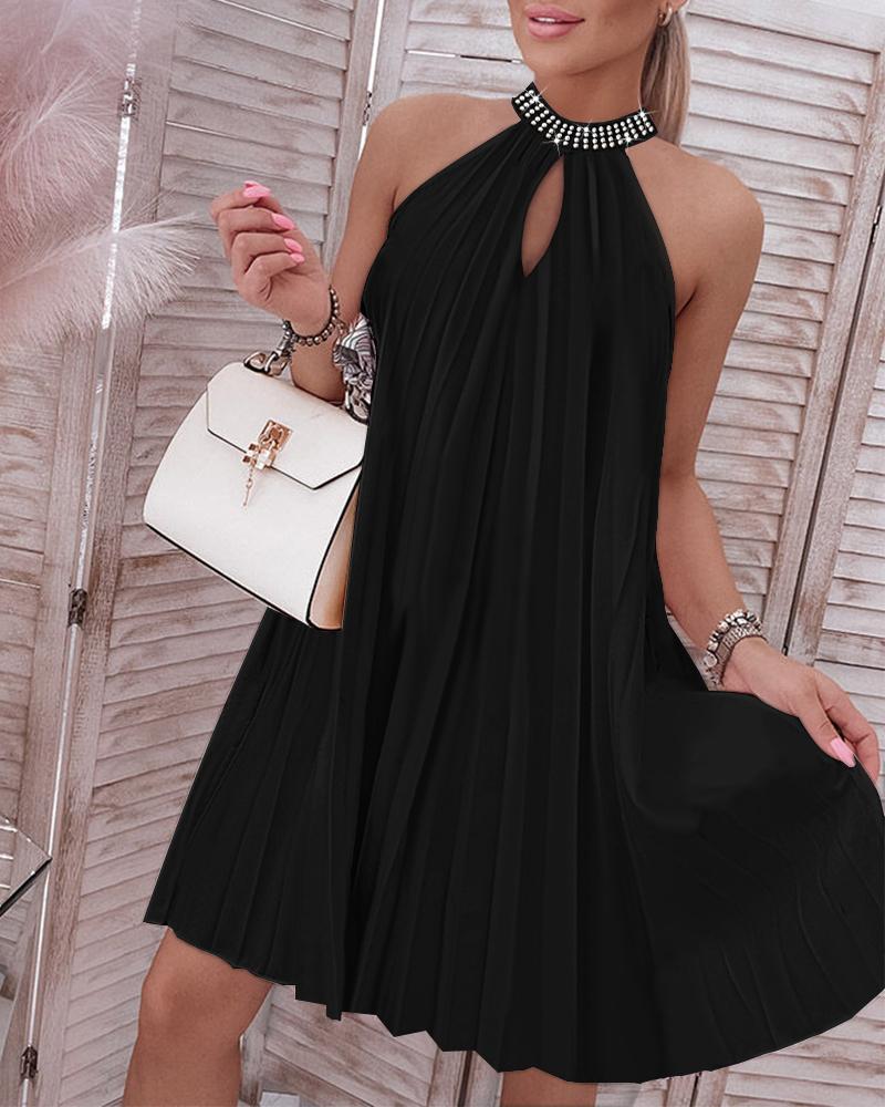 

Rhinestone Decor Sleeveless Pleated Casual Dress, Black