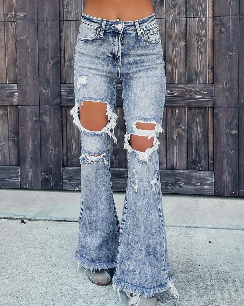 

Washed Cutout Ripped Raw Hem Flared Leg Jeans, Blue