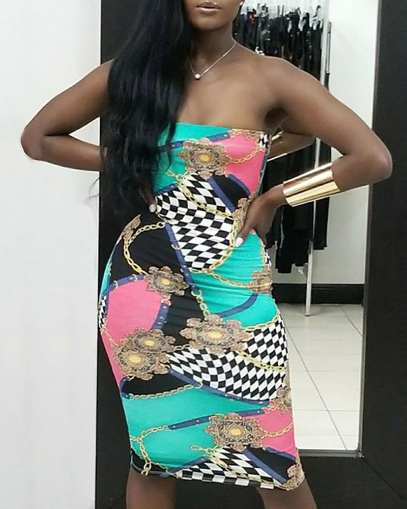 

Off Shoulder Sleeveless Print Bodycon Dress, Blue