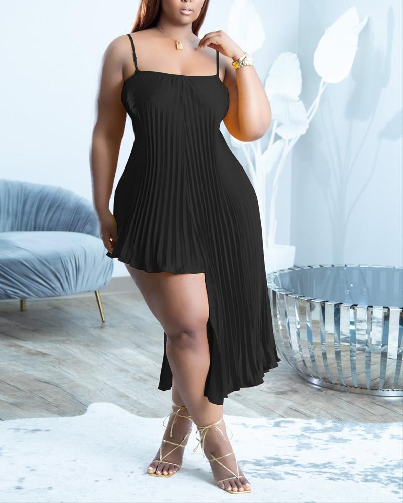 

Spaghetti Strap Asymmetrical Pleated Dress, Black