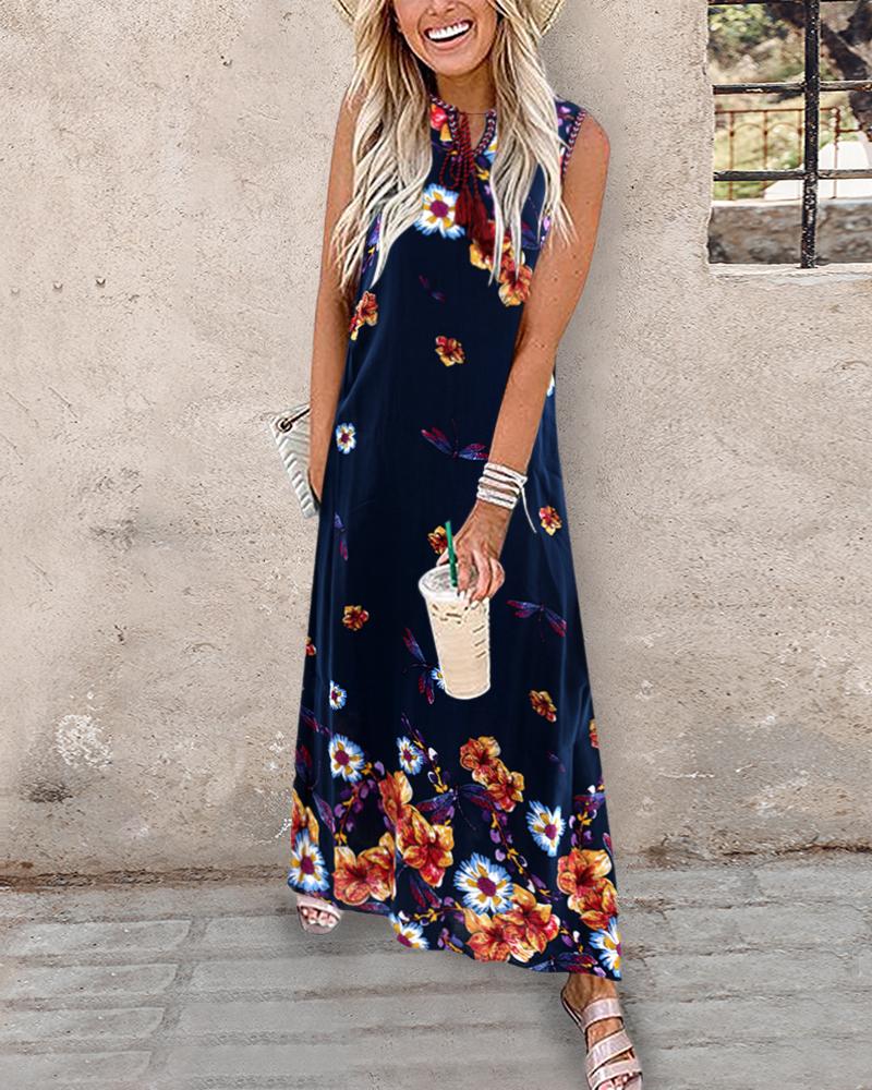 

Floral Print Sleeveless Tied Detail Maxi Dress, Multicolor