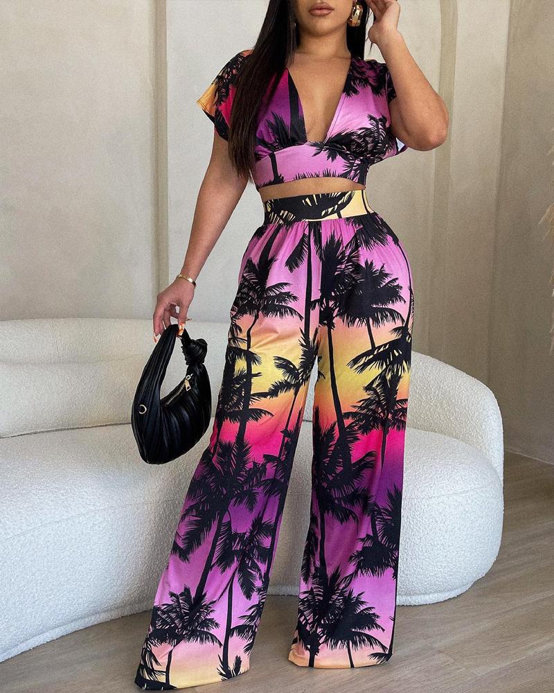 

Coconut Tree Print Cap Sleeve Top & Wide Leg Pants Set, Multicolor