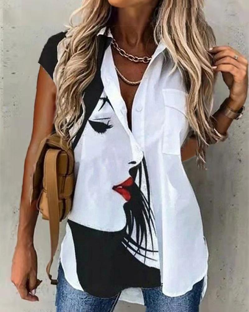 

Figure Print Buttoned Pocket Design Shirt, White