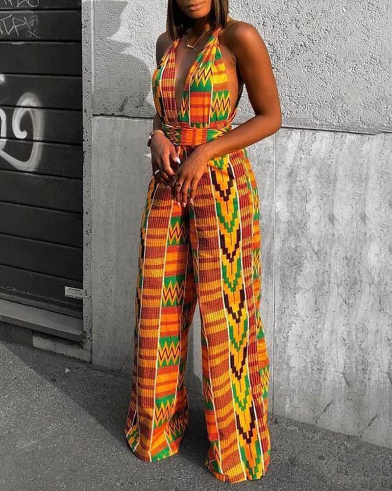 

Graphic / Abstract Print Sleeveless Wide Leg Jumpsuit, Style1
