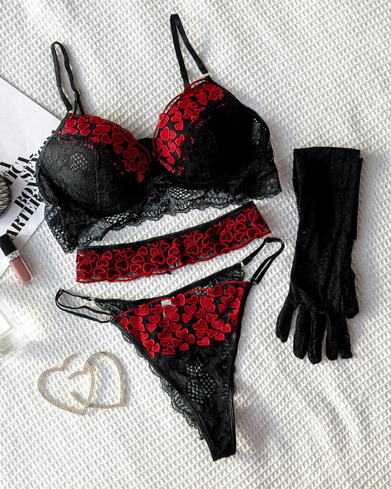 

Heart Embroidery Crochet Lace Lingerie Set, Black