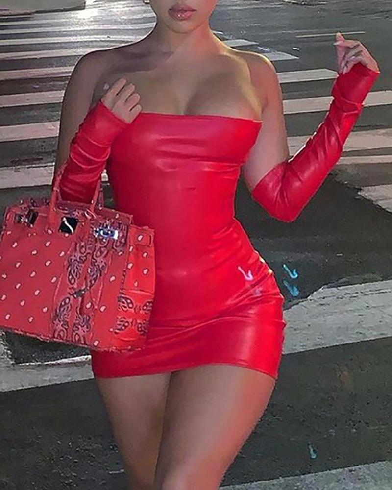

Bandeau PU Leather Bodycon Dress With Gloves, Red