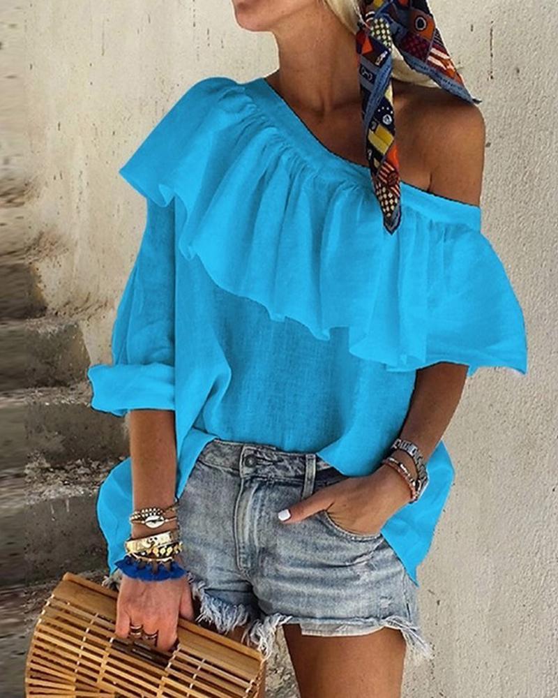 

One Shoulder Ruffles Casual Blouse, Blue