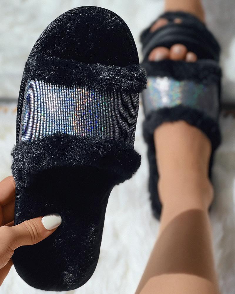 

Fuzzy Sequin One Strap Slippers, Black