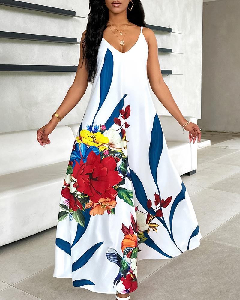 

Floral Print Pocket Design Maxi Dress, White