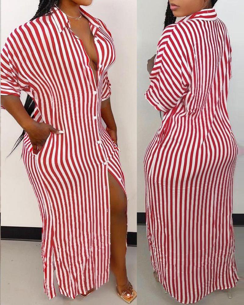 

Striped Pocket Split Hem Button Up Maxi Shirt Dress, Red