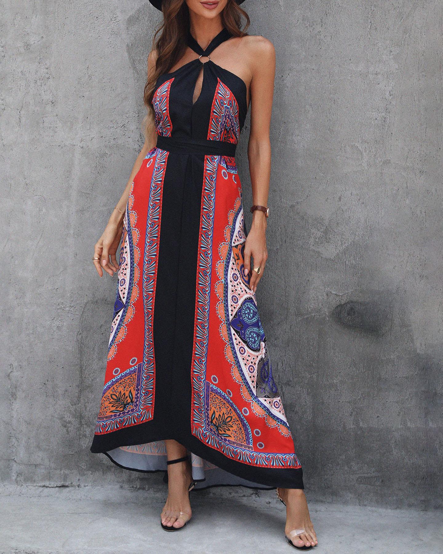 

Halter Scarf Print High Slit Maxi Dress, Red
