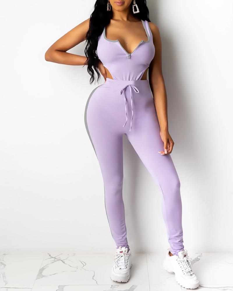 

Contrast Binding V-Cut Bodysuit & Drawstring Pants Set, Purple