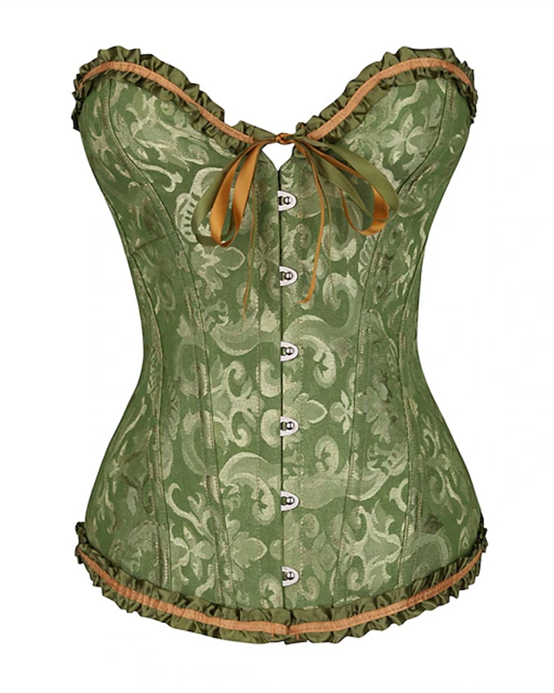 

Baroque Pattern Tummy Control Overbust Boned Bustier Corset Eyelet Lace-up Shapewear Top, Green