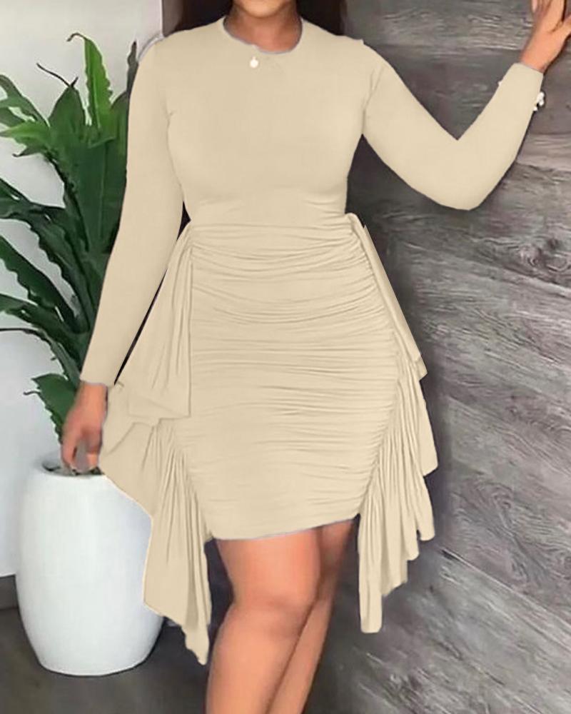 

Ruched Asymmetrical Ruffle Hem Bodycon Dress, Khaki
