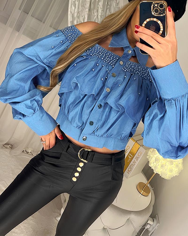 

Denim Turn-down Collar Lantern Sleeve Beaded Front Button Shirred Blouse Casual Top, Blue