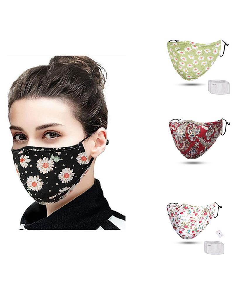 

Daisy / Floral / Retro Print Ear Loop Breathable Mouth Mask With 4 Filters, Black