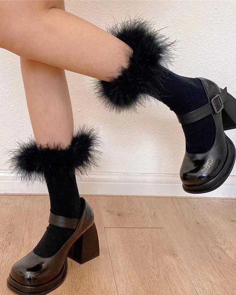 

1Pair Feather Trim Short Socks, Black