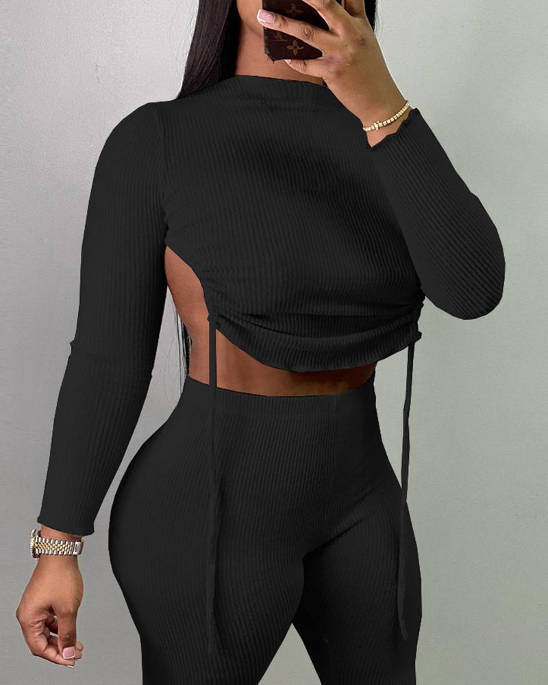 

Ribbed Asymmetrical Backless Drawstring Top & Pants Set, Black