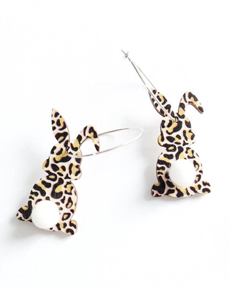 

1Pair Easter Cartoon Bunny Pom Pom Drop Earrings, Leopard