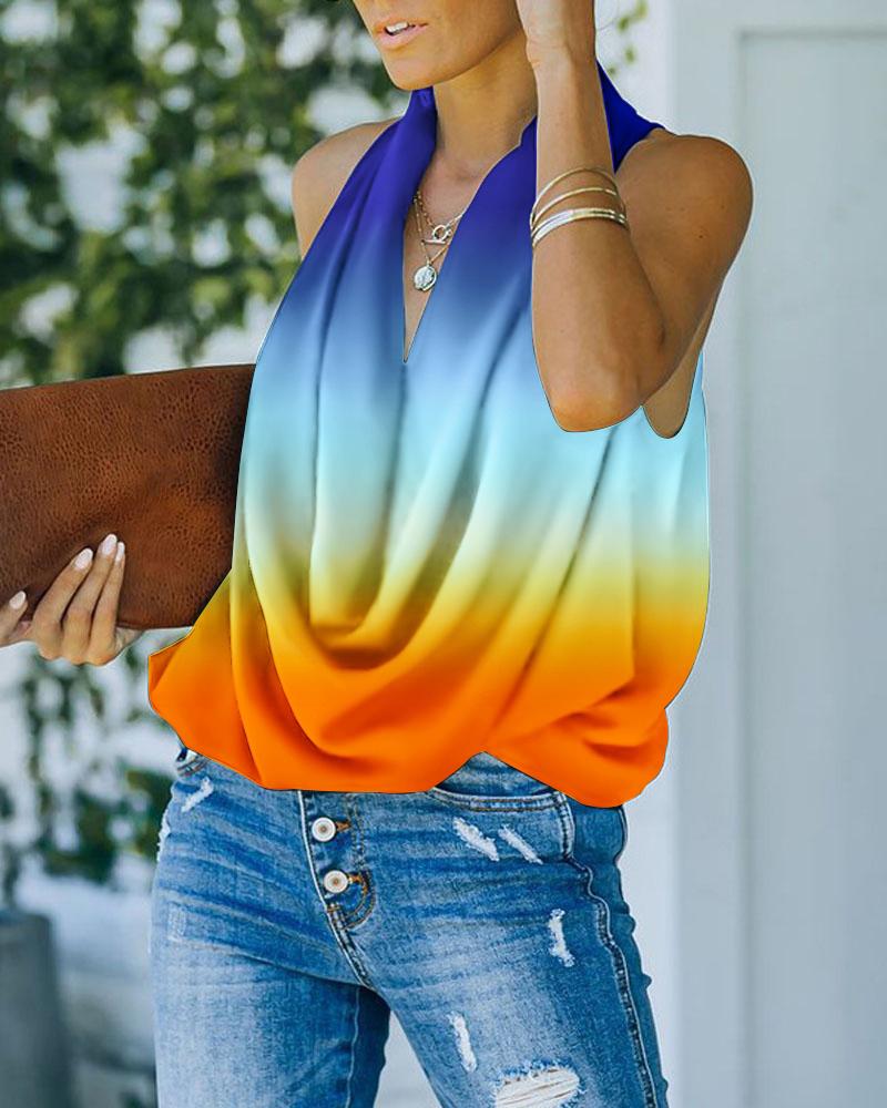 Ombre Sleeveless Cowl Neck Chiffon Top