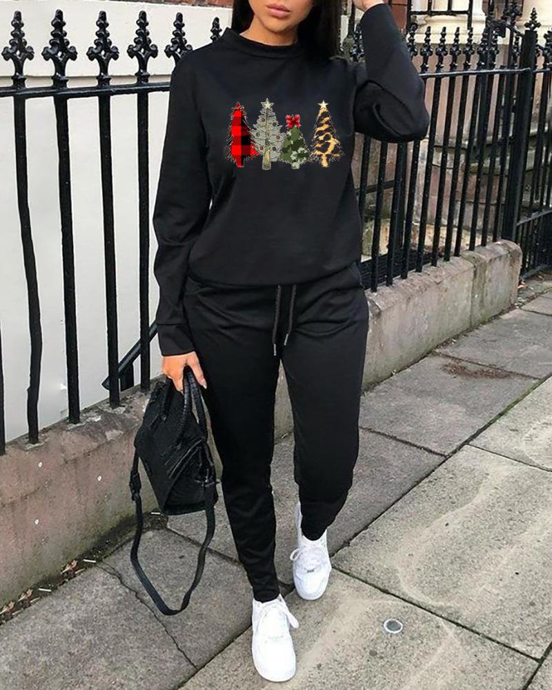 

Christmas Tree Print Long Sleeve Top & Drawstring Pants Set, Black