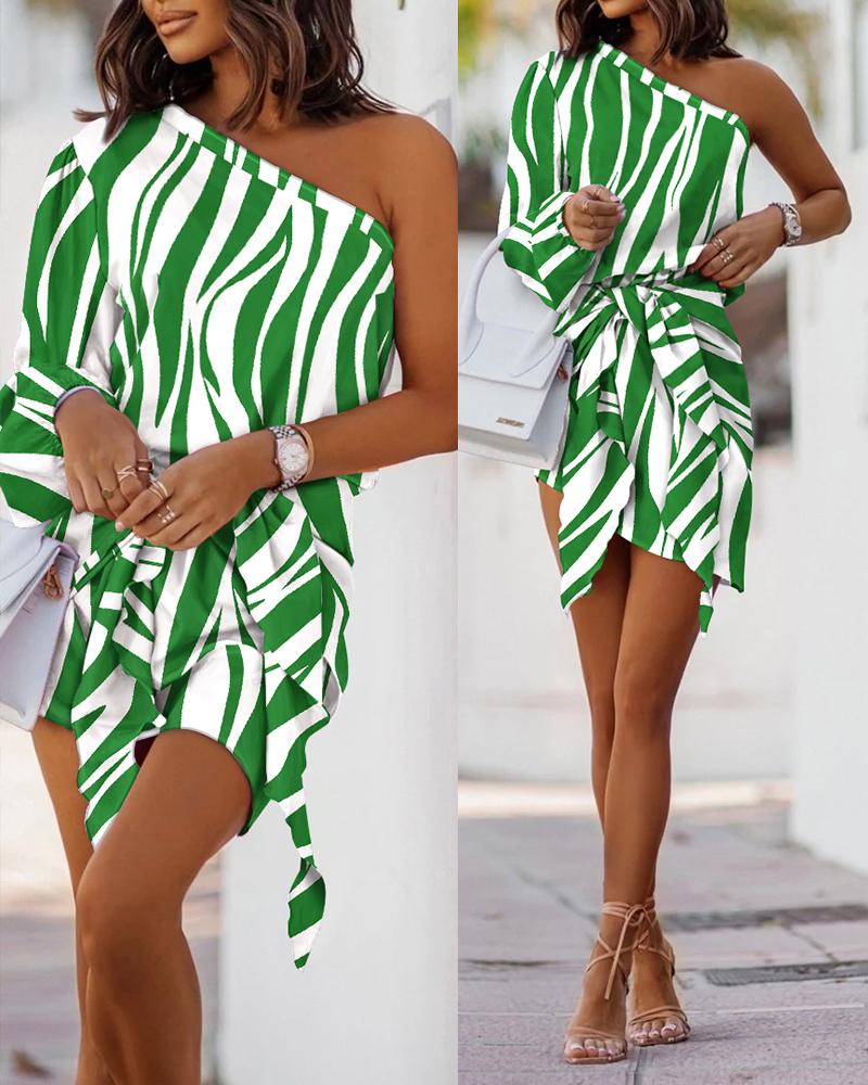 

Zebra Stripe Print One Shoulder Tied Detail Casual Dress, Green
