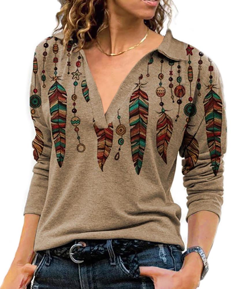 

V Cut Long Sleeve Feather Print Top, Khaki