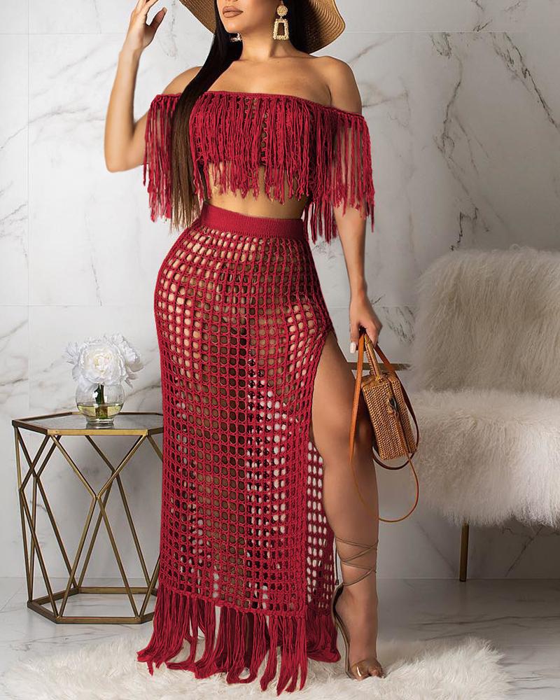 

Short Sleeve Crochet Tassel Design Cover Up, Red