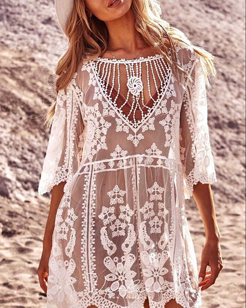 

Cutout Crochet Lace Sheer Mesh Cover Up, White