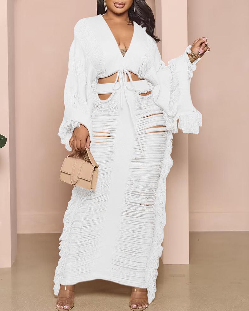 

Hollow Out Crop Top & Maxi Skirt Set, White