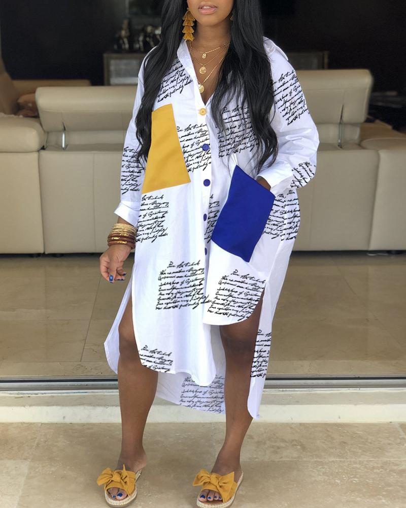 

Letter Print Colorblock Pocket Design Dip Hem Shirt Dress, White