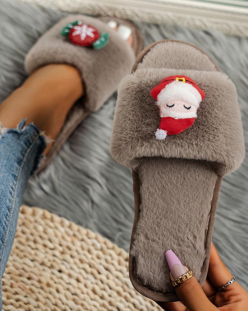 

Christmas Santa Snowflake Pattern Fluffy Slippers, Khaki