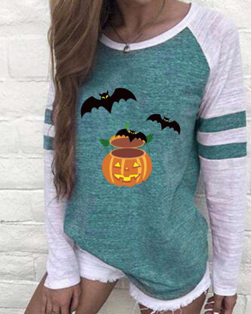 

Halloween Pumpkin Batwing Pattern Colorblock Long Sleeve Top, Green