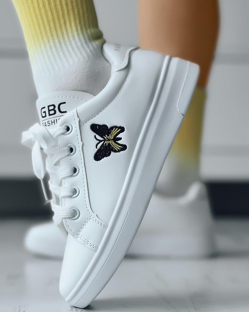 

Butterfly Pattern Lace-up Sneakers, White&yellow