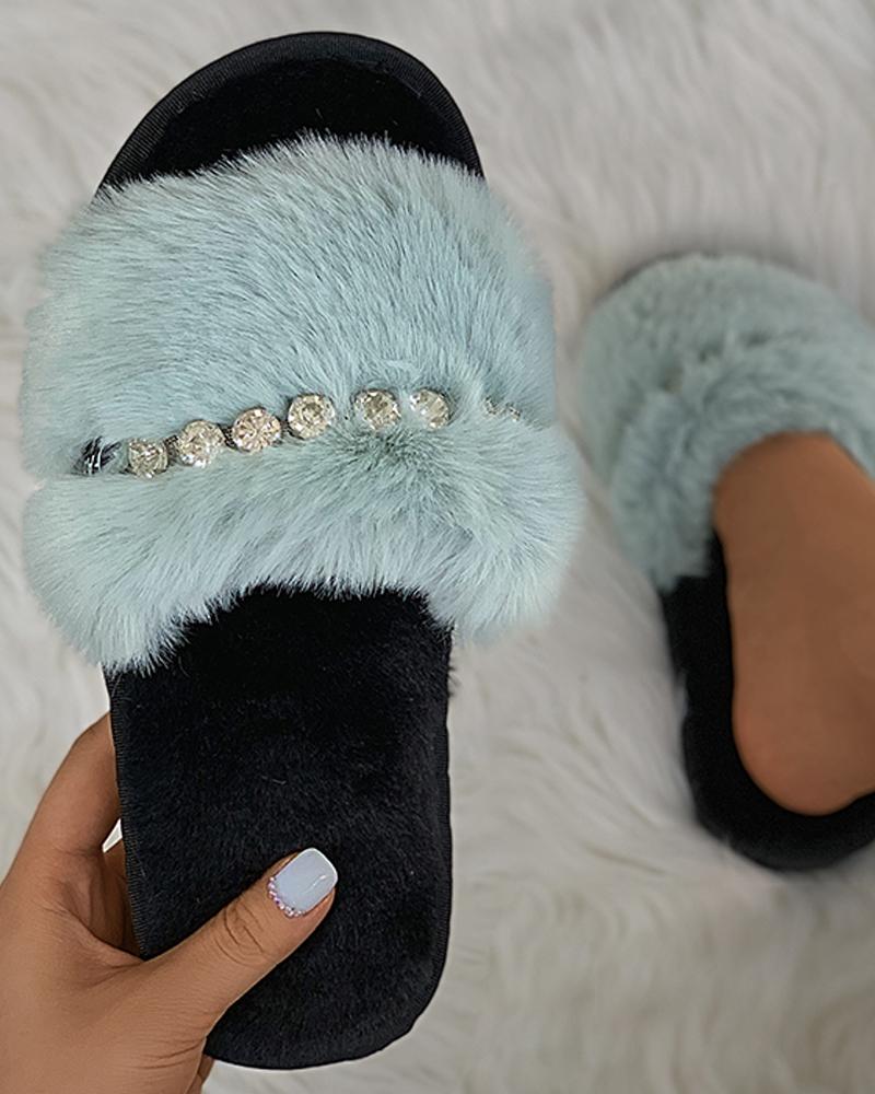 

Rhinestone Fluffy Peep Toe Slippers, Green
