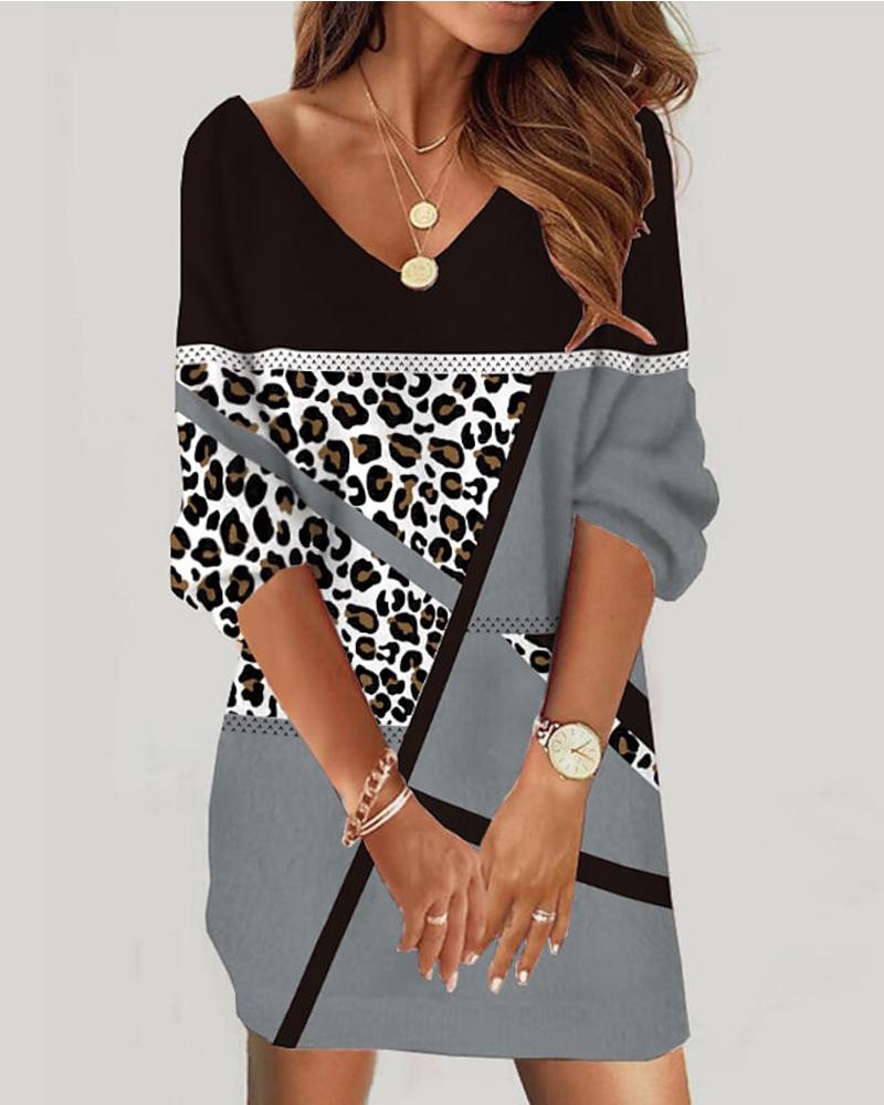 

Geometric Leopard Print Casual Dress, Gray