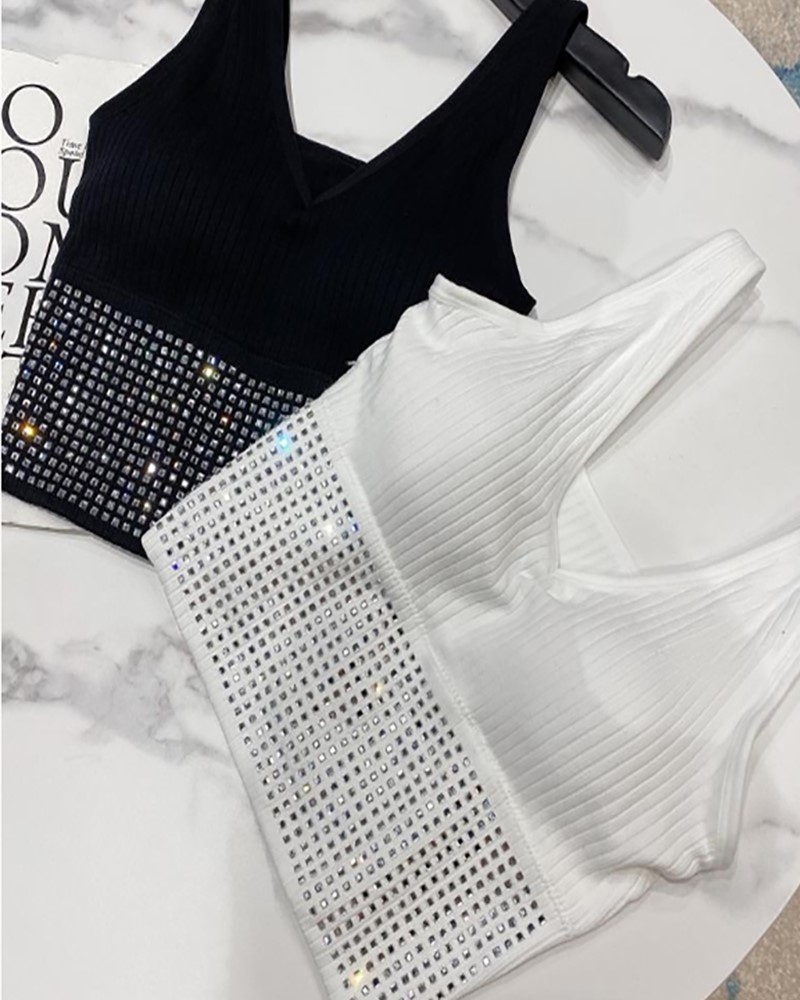 

Sleeveless Rhinestone V Neck Skinny Crop Top, White
