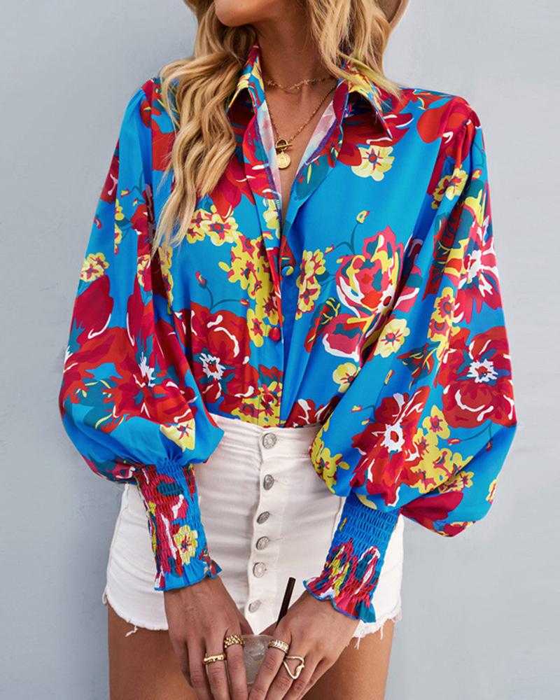 

Floral Print Lantern Sleeve Buttoned Top, Turquoise blue
