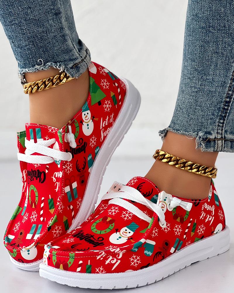 

Christmas Snowman Elk Graphic Print Lace-up Round Toe Slip On Loafers, Red