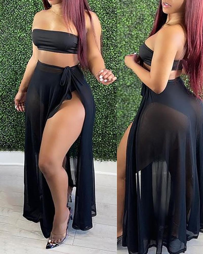 

Bnadeau High Waist Bikini Set With Slit Cover Up Skirt Set, Black