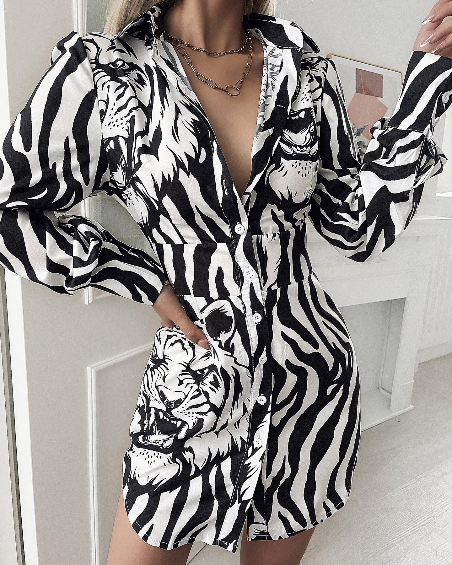 

Button Design Tiger Print Casual Shirt Dress, White