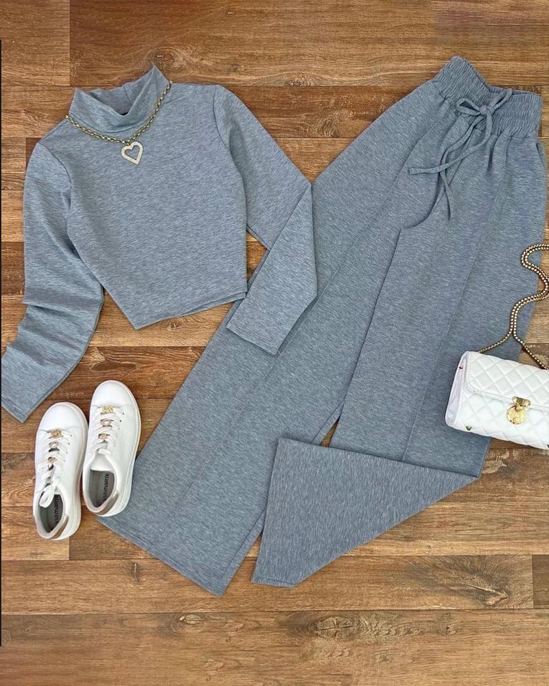 

2PCS Mock Neck Long Sleeve Top & Shirred Stretchy Waist Pants Set, Gray